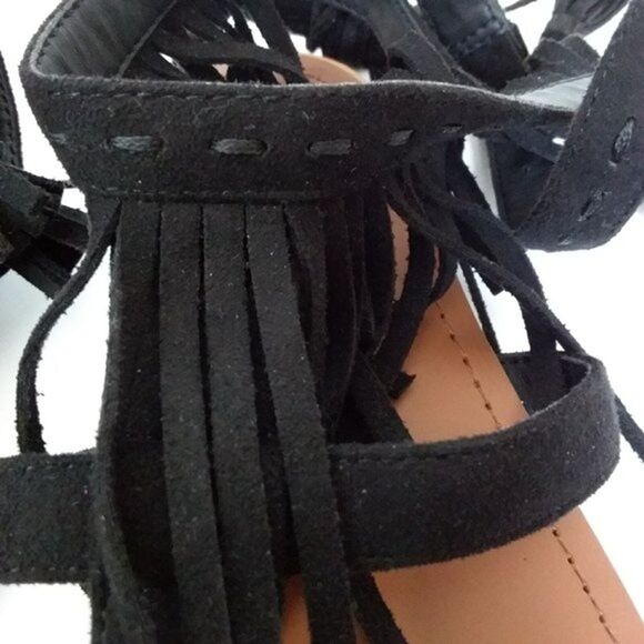 Forever 21 Sandals Women Size 6.5M Black Fringe Thong Up Leg Ties - Picture 10 of 13